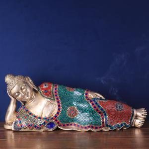 Elegant Brass Resting Buddha Statue | 29" Length | Multi-Color Meenakari Stonework | Premium Sacred Art | Traditional Collection | Jaipurio